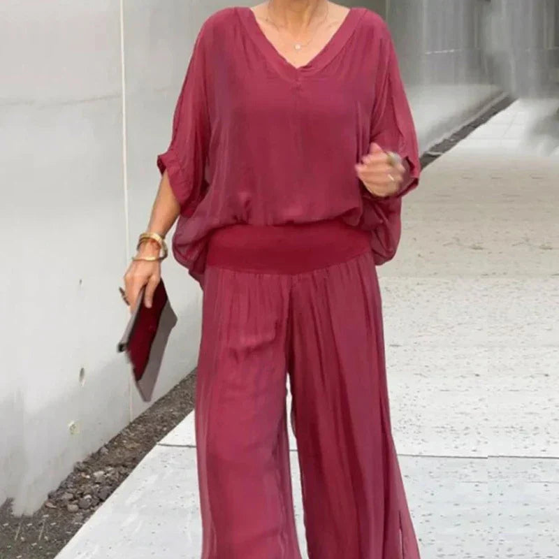 Dam Tvådelad Uppsättning Chiffon Topp och Vida Byxor-6