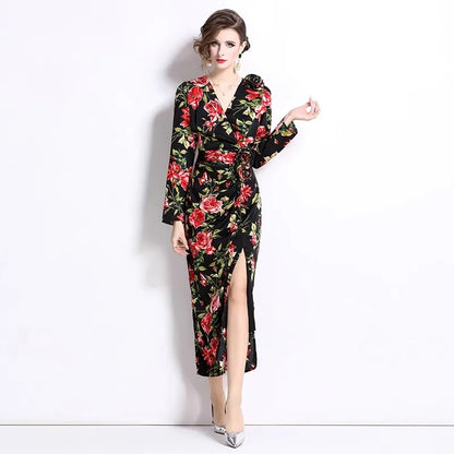 Kvinnors Midi Klänning V-Neck Bomull med Unik Tryckdesign-3