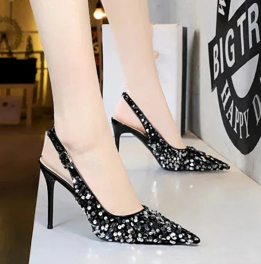 Dam Slingback Pumps Glittrande Spetsig Tå i Paljettyg-5