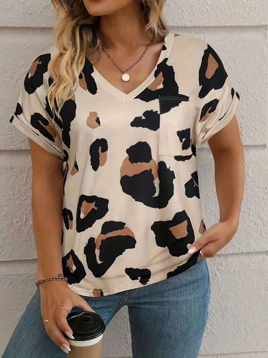Dam T-shirt V-ringning Leopardmönster 100% Bomull-1