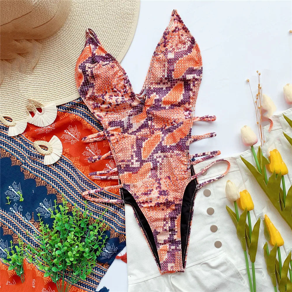 Dam Monokini Justerbara Remmar Ormlädermönster Polyester Spandex 9