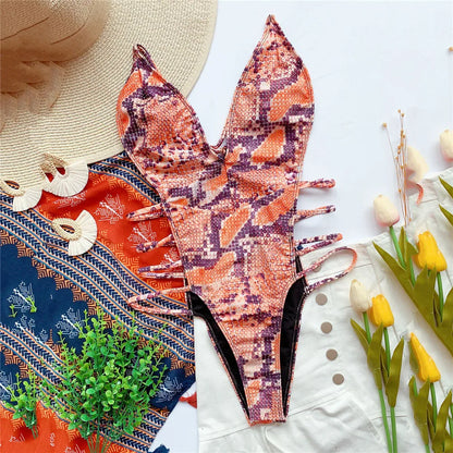 Dam Monokini Justerbara Remmar Ormlädermönster Polyester Spandex 9