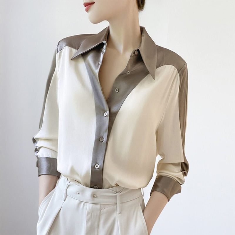 Dam Skjorta Patchwork Bomull Polyester Elegant Design-4