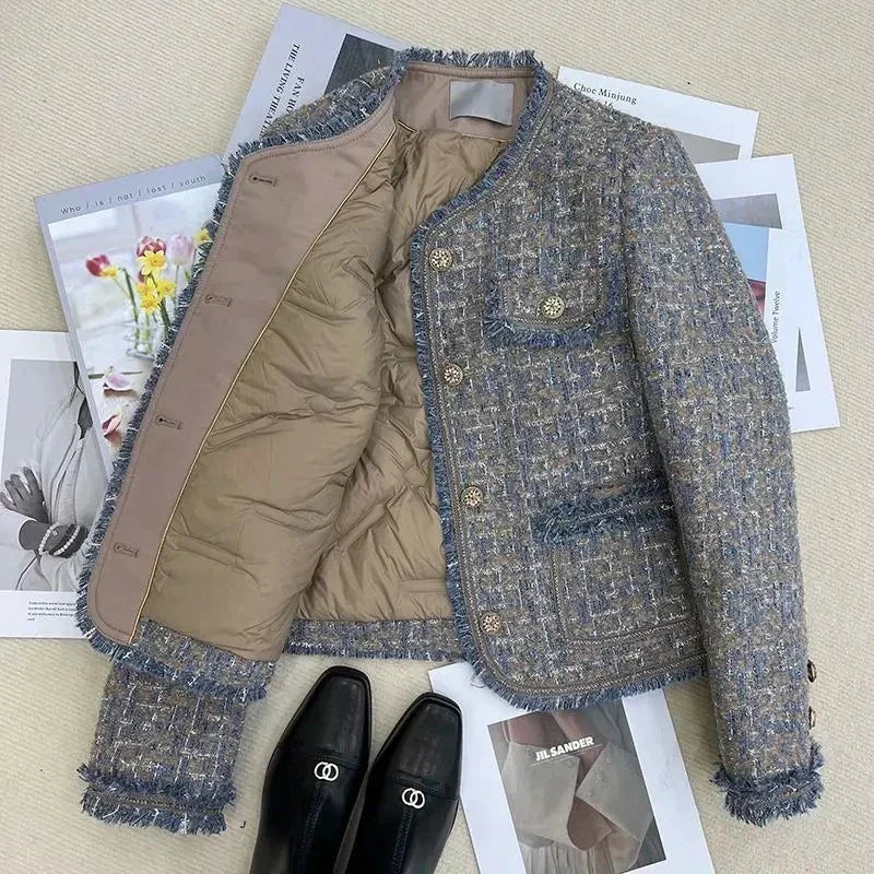 Kvinnors Tweedjacka Elegant Knappad Material Blandning-2