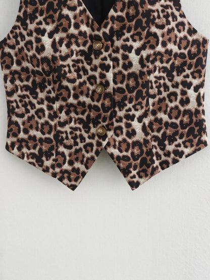 Damkort Väst Leopardmönster Polyester V-Hals-4