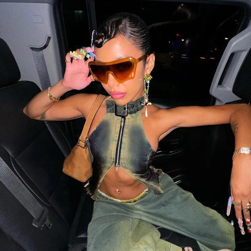 Dam Crop Vest Batikdesign Elastisk Denim-5