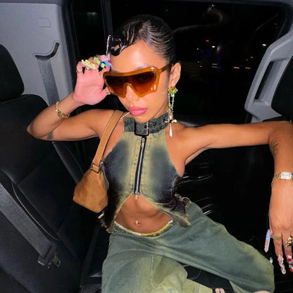 Dam Crop Vest Batikdesign Elastisk Denim-5