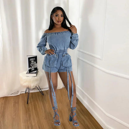 Dam Jumpsuit Löst Snitt Denim med Fickor Polyester-Bomull-4