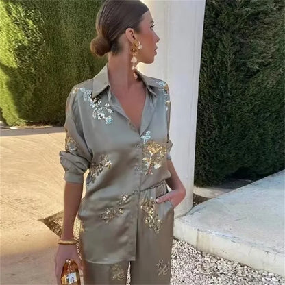 Kvinnors Träningsdräkt Blommönster Loose Fit Satin-3