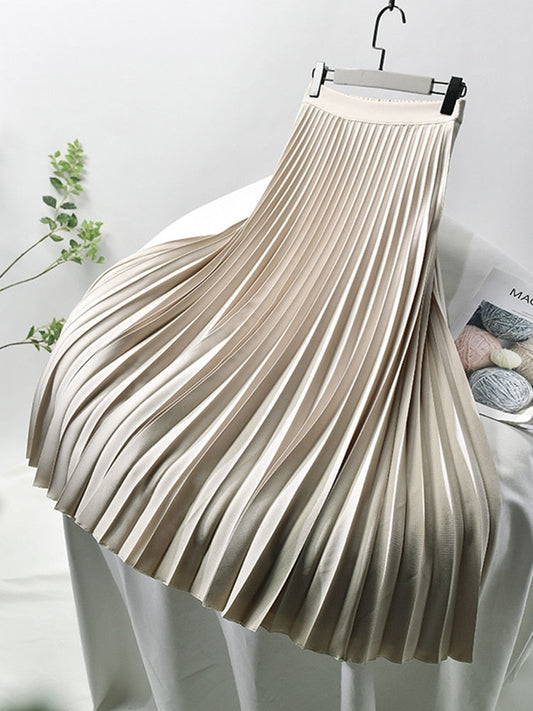 Dam Hög Midja Veckad Lång Kjol Polyester Elastan-1