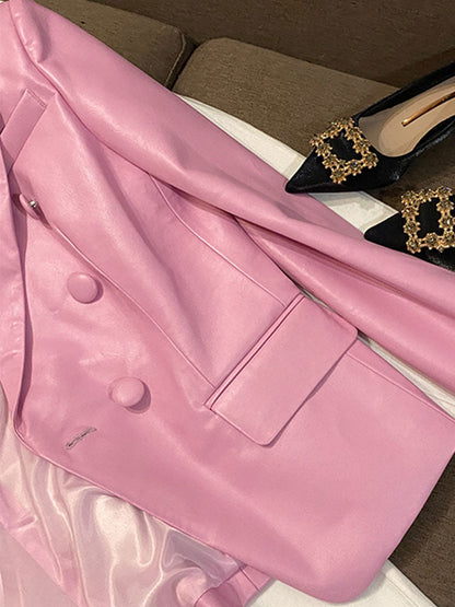 Dam Blazer Trendig Syntetiskt Läder Spetsig Krage Relaxed Fit-4