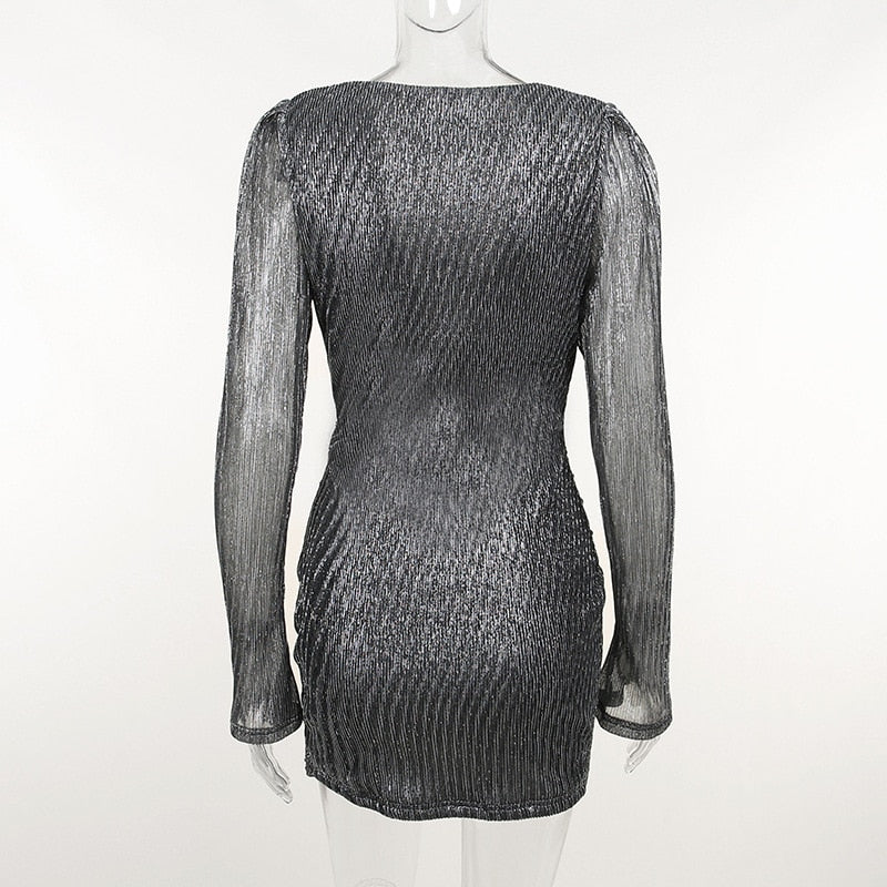 Dam Glittrig Miniklänning V-ringning Slim Fit Polyester med Långa Ärmar-6