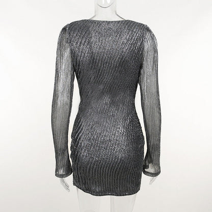 Dam Glittrig Miniklänning V-ringning Slim Fit Polyester med Långa Ärmar-6