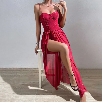 Maxiklänning Dam med Paljetter Polyester Lång Klänning-2