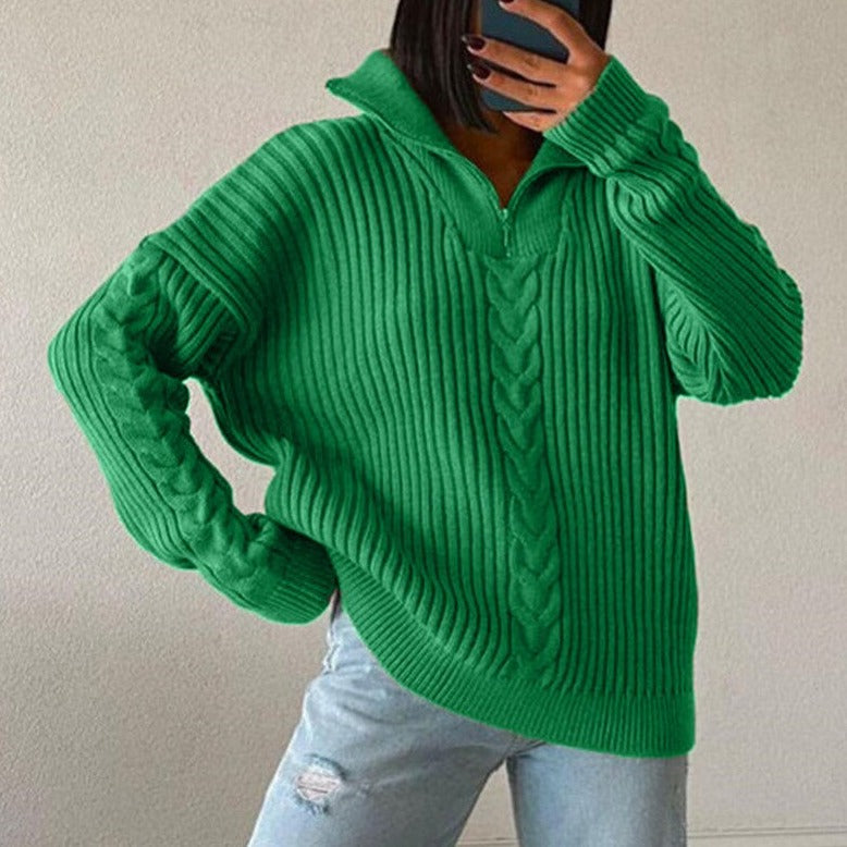 Stickad Dam Tröja V-tröja Turtleneck Flätad Design med Blixtlås-1