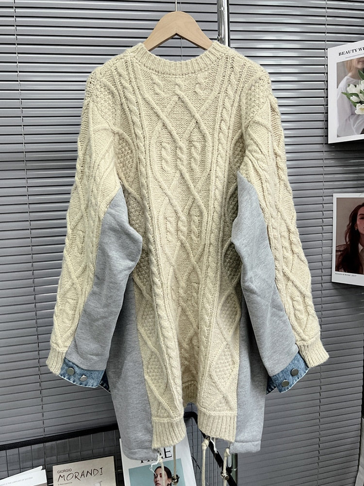 Dam Tröja Långärmad Patchwork Polyester Akryl Bomull-5