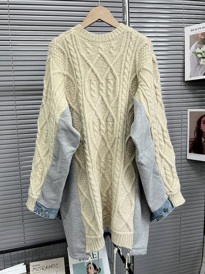 Dam Tröja Långärmad Patchwork Polyester Akryl Bomull-5