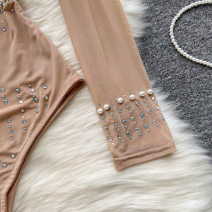Kvinnors Bodysuit Monokrom Polyester Med Rhinestones-2