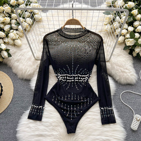 Kvinnors Bodysuit Monokrom Polyester Med Rhinestones-1