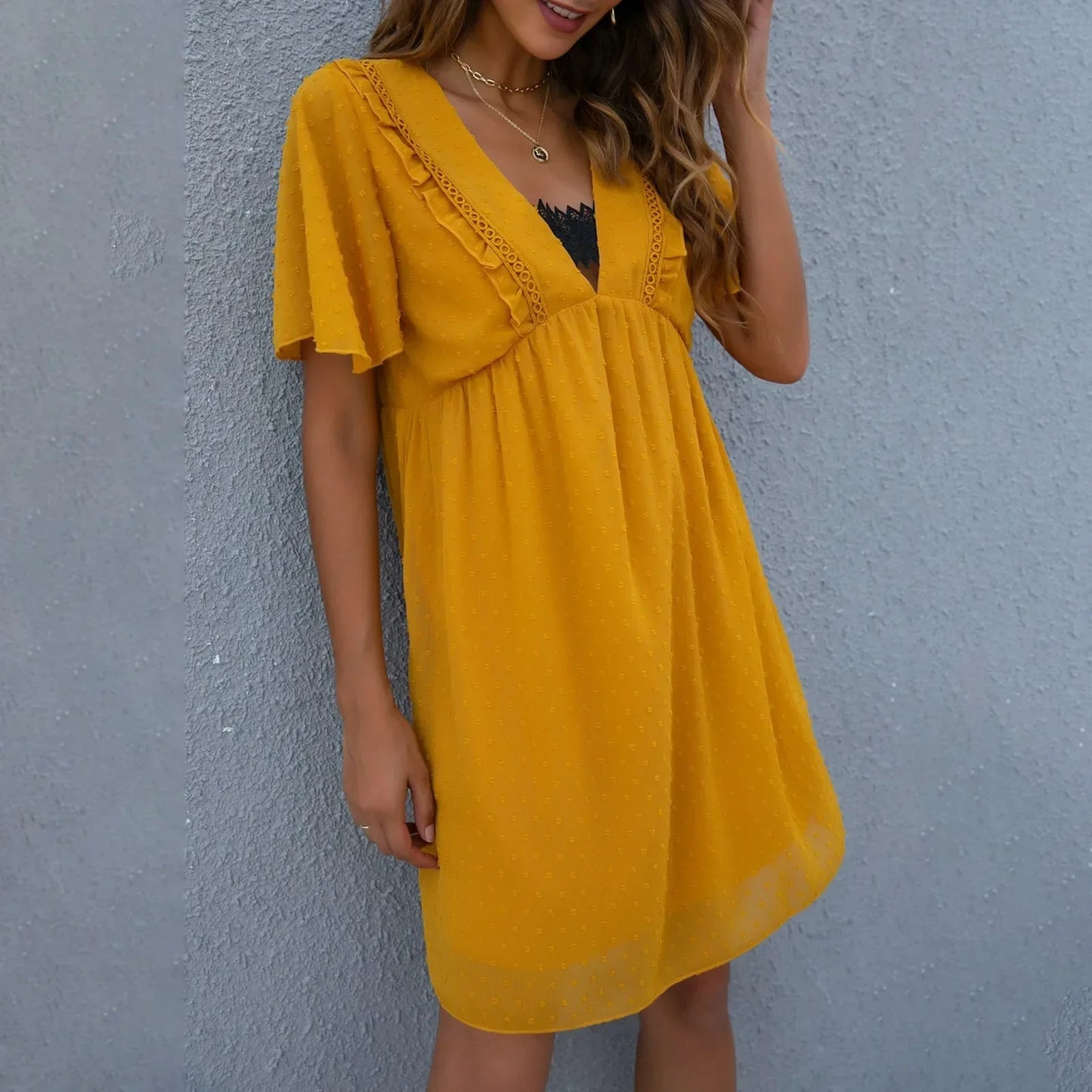 Variant image for Damklänning V-ringning Spetsdetaljer 100% Polyester Fina Dam Klänningar-1