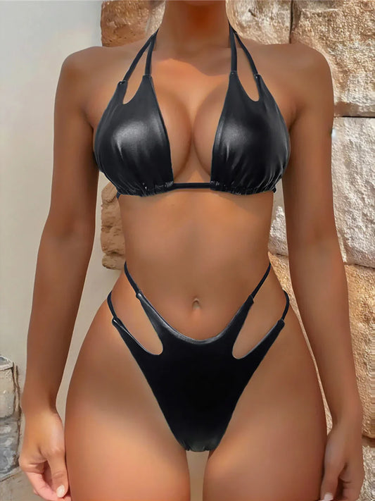 Dam Bikini Enkel Polyester Spandex för Strand och Simning-1