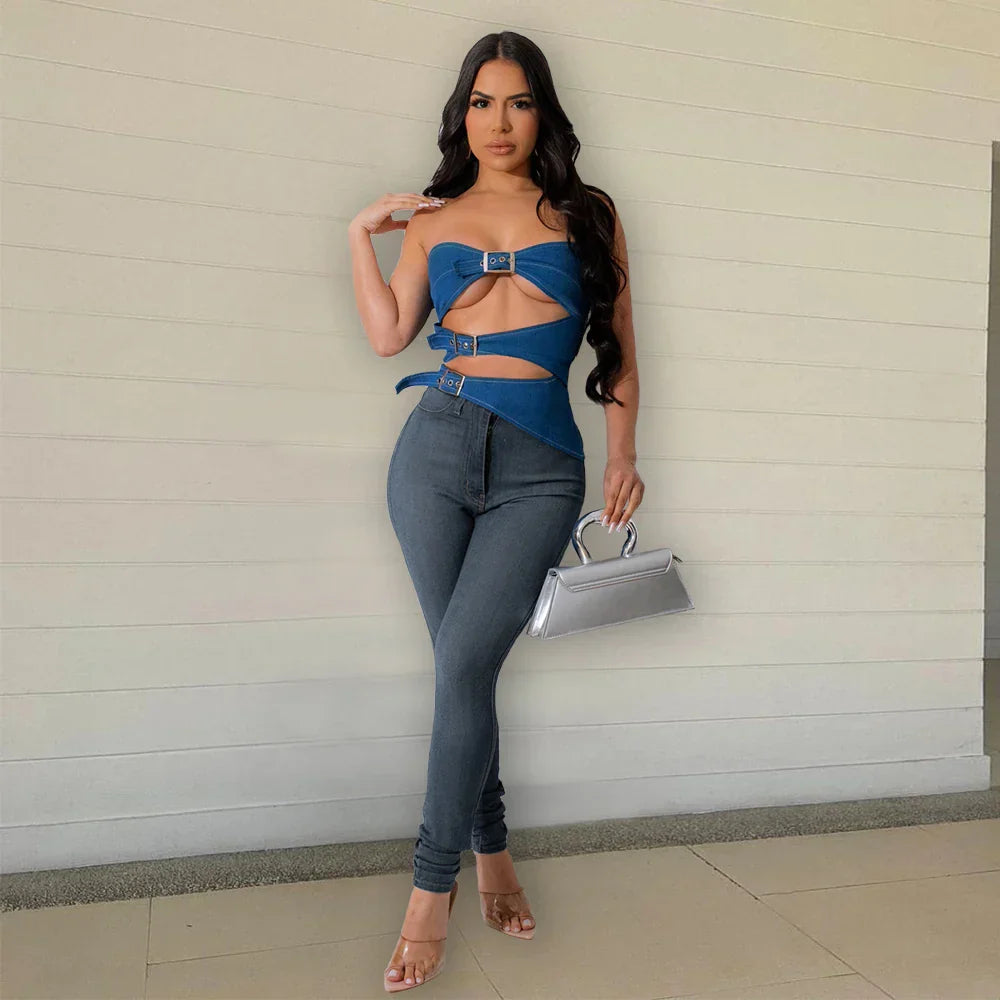 Dam Body Crop Top Denim Förförisk Halsringning-2