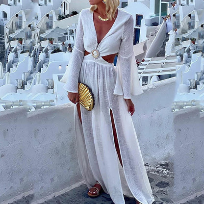 Dam Maxiklänning A-linje V-neck Polyester Långärmad-2