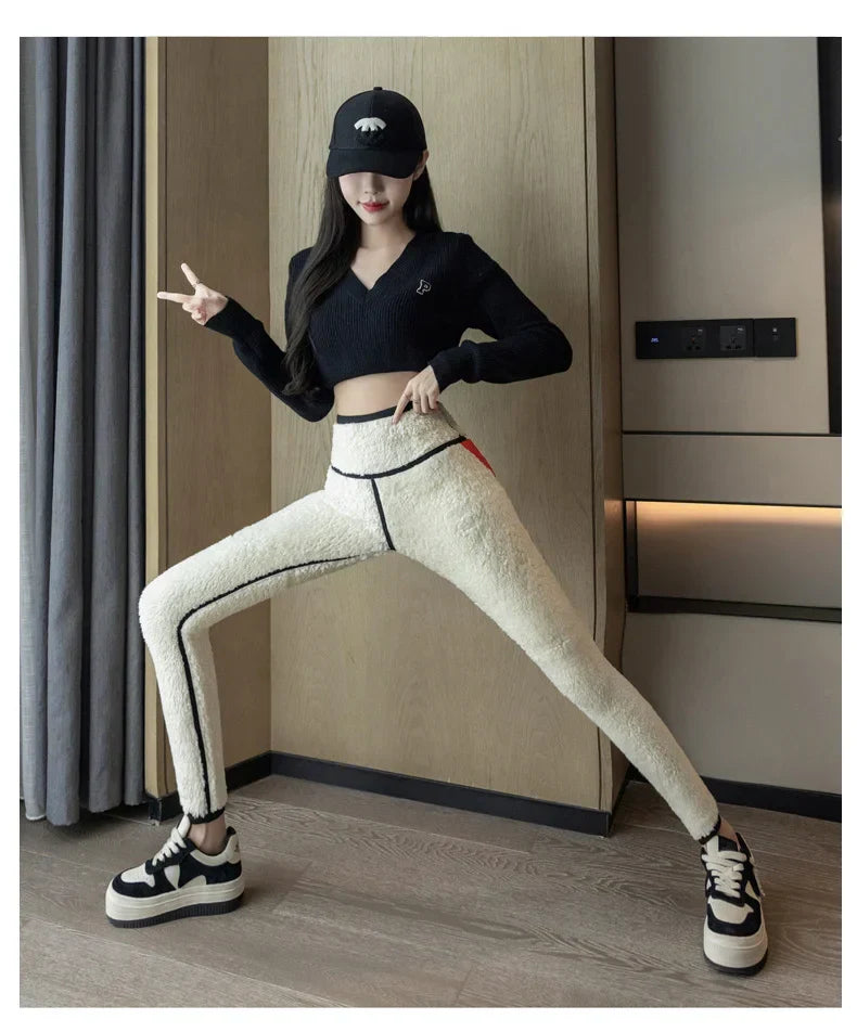 Damleggings Hög Midja Sömlös Fleece Stretchmaterial-3