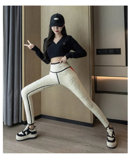 Damleggings Hög Midja Sömlös Fleece Stretchmaterial-3