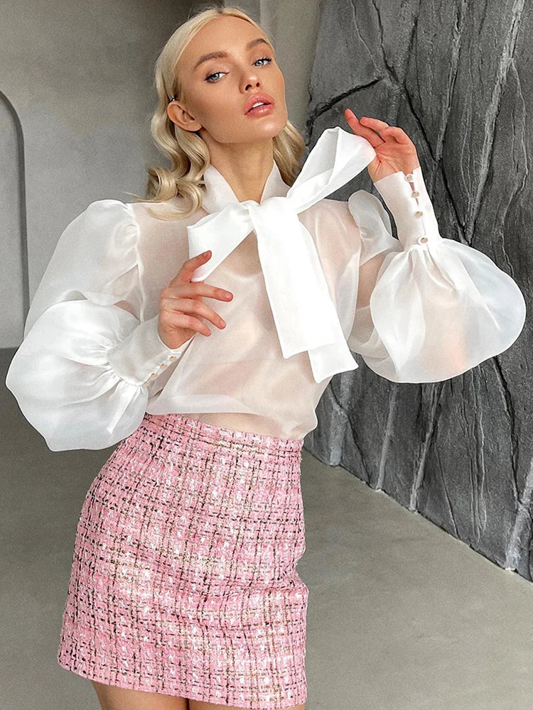 Dam Blus Monokrom Lätt Stretchig Polyester med Puffärmar-2