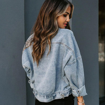 Dam Denimjacka Leopardmotiv Långa Ärmar Polyester Bomull-4