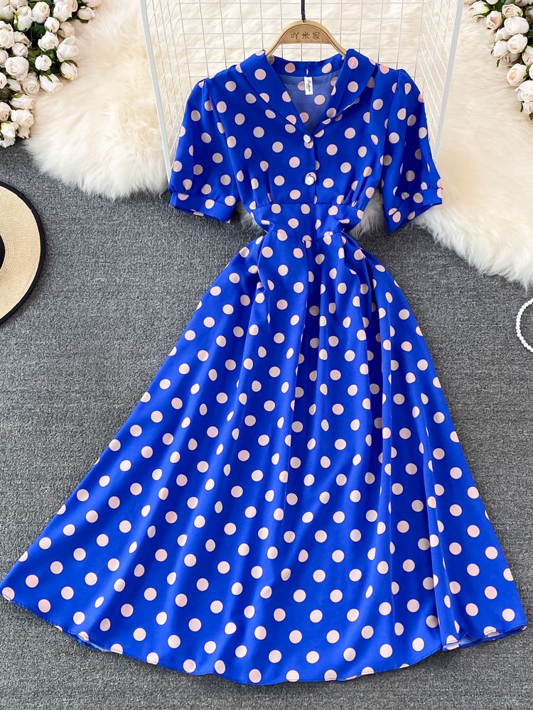 Kvinnors Midi Klänning A-linjeformad Polyester Punktmönster-4