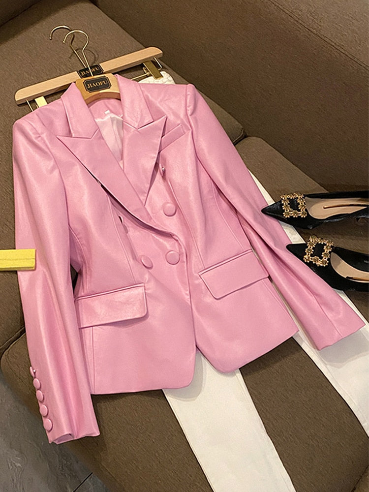 Dam Blazer Trendig Syntetiskt Läder Spetsig Krage Relaxed Fit-1