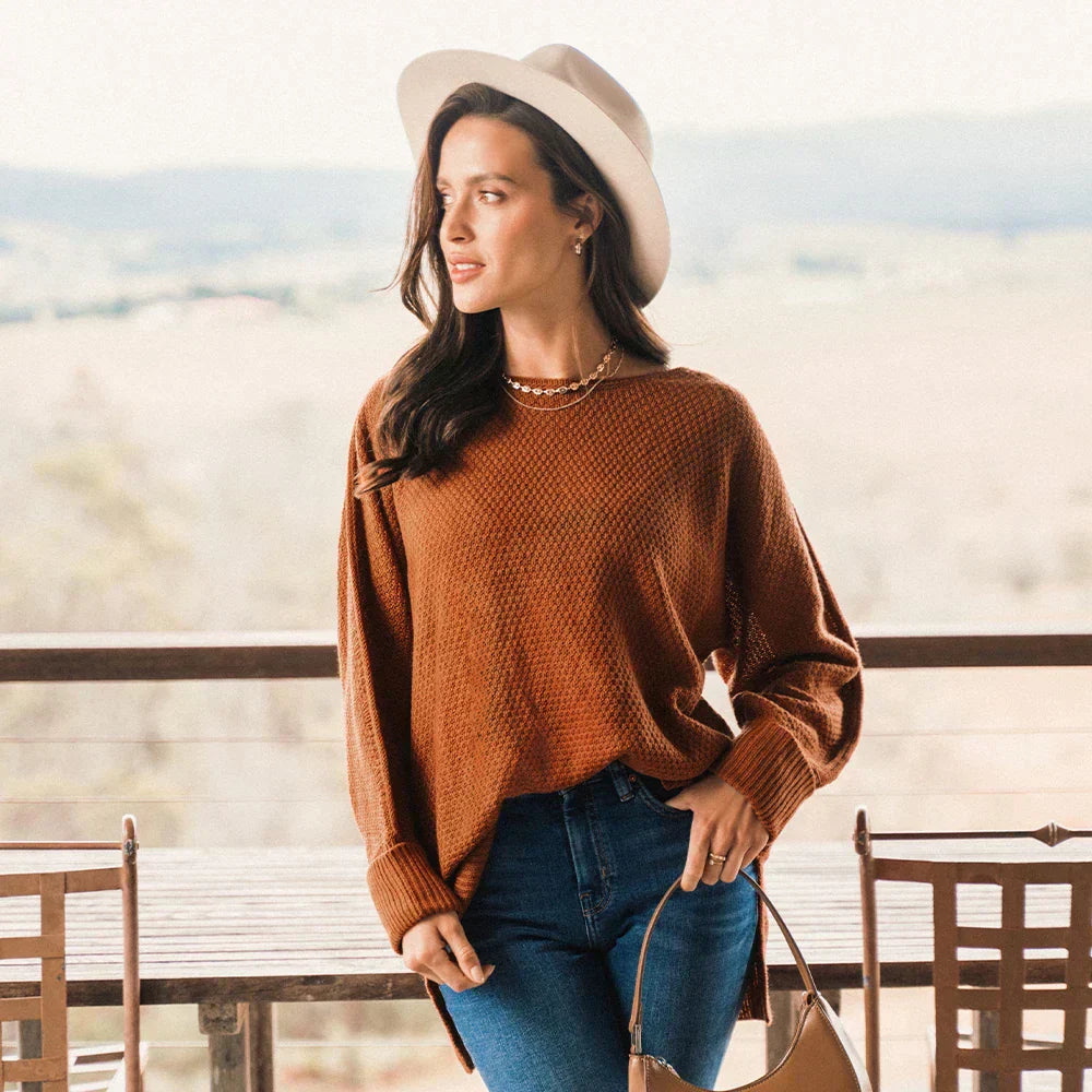 Stickad Dam Tröja Långärmad Avslappnad Viskos med Rund Halsringning – Monokromt Mönster för Höst och Vinter 3