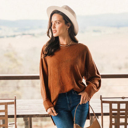 Stickad Dam Tröja Långärmad Avslappnad Viskos med Rund Halsringning – Monokromt Mönster för Höst och Vinter 3