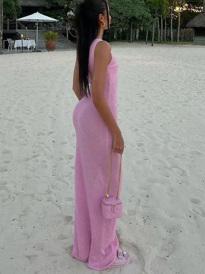 Ärmlös Maxiklänning Dam i Lätt Stickad Tyg – Elegant och Sval Klänning för Sommarens Strandutflykter 2