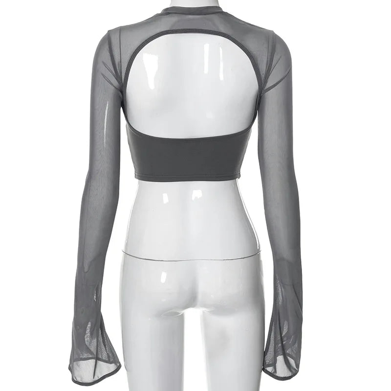 Dam Crop Top Långärmad Bandage Polyester Spandex 3