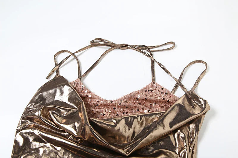 Dam Glittrig Miniklänning Halterneck med Paljetter i Tight Passform-5