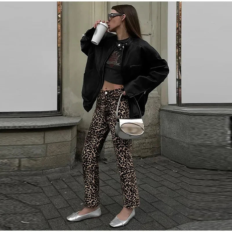 Dam Jeans Smal Passform Leopardtryck Bomull-4