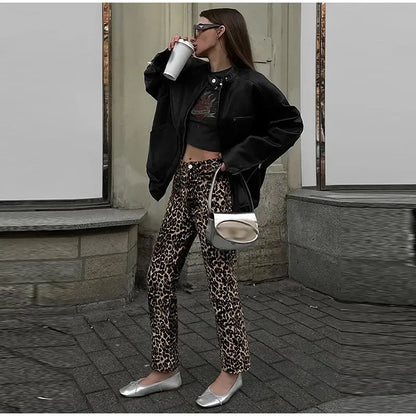 Dam Jeans Smal Passform Leopardtryck Bomull-4