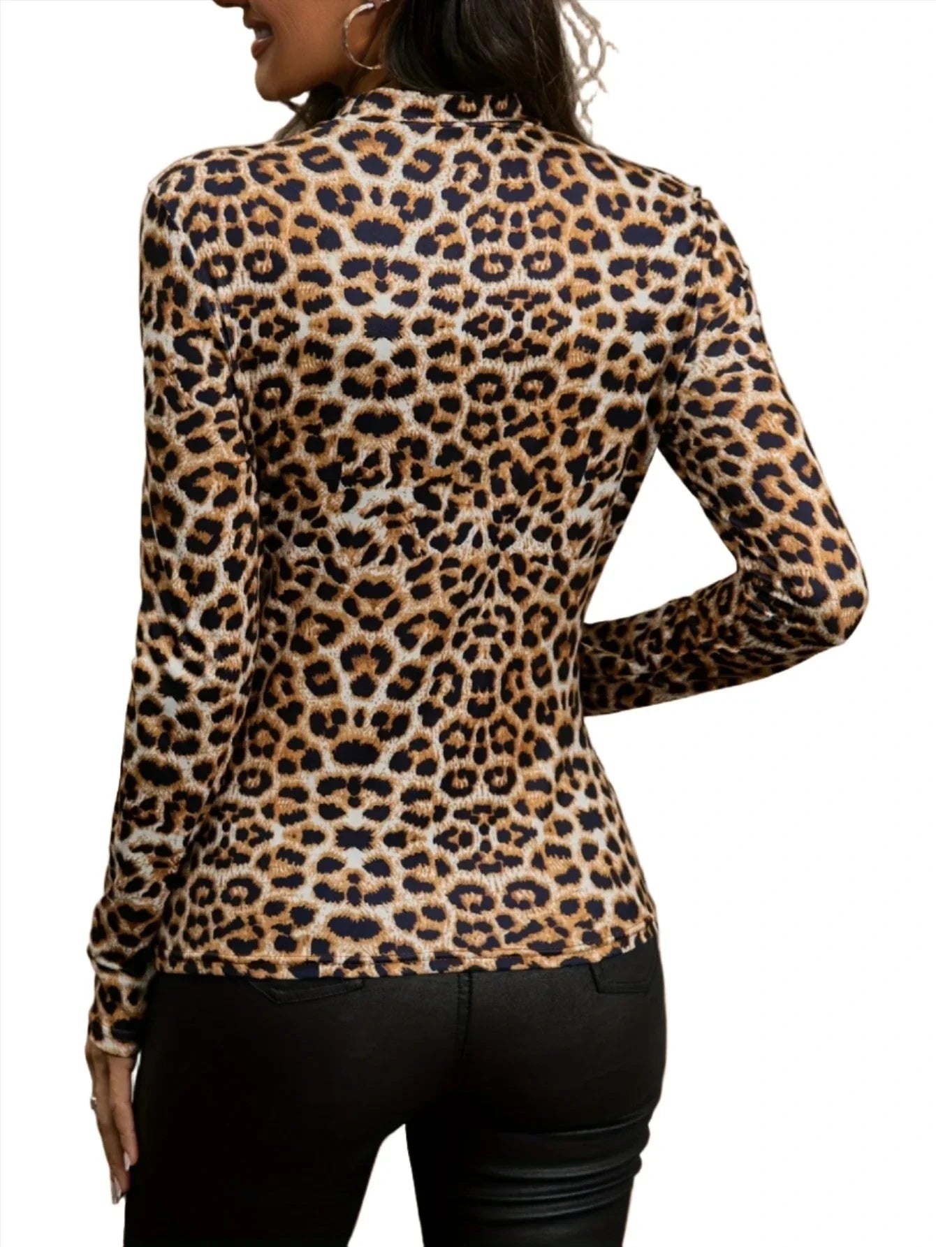 Dam Topp Leopardtryck Långa Ärmar Elastan Polyester-2