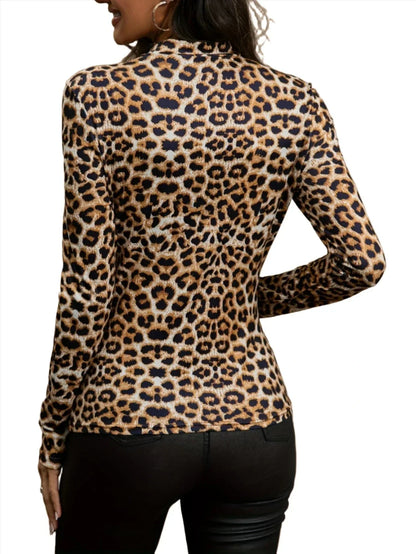 Dam Topp Leopardtryck Långa Ärmar Elastan Polyester-2