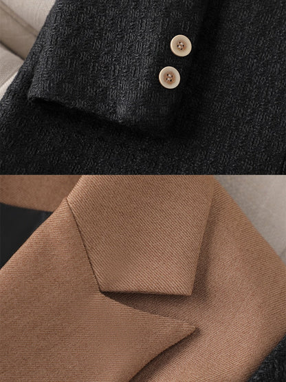 Dam Blazer med Vändkrage i Syntetfiber, Elegant Patchwork Design, Tidlös Full Längd-6
