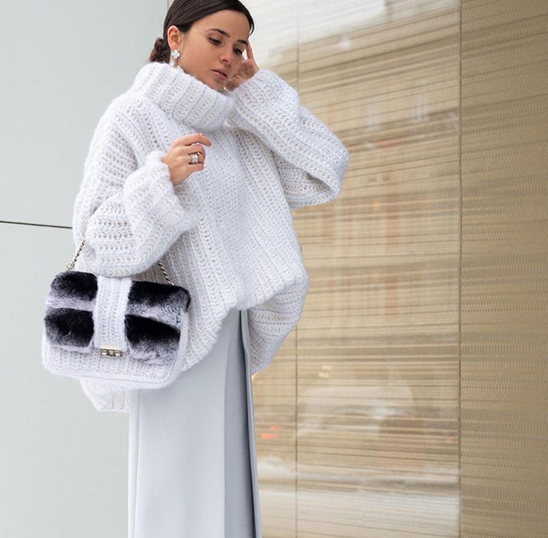 Dam Turtleneck Tröja Fluffig Akryl för Höst och Vinter-3