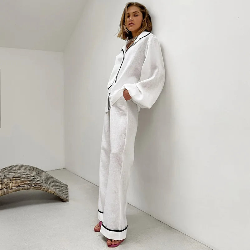Herrpyjamas Tvådelad Löst Sittande Mjuk Tyg med Kontraströr-2