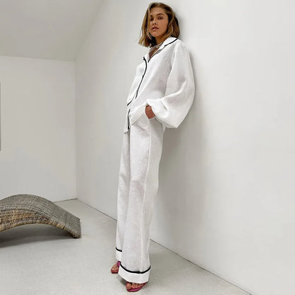Herrpyjamas Tvådelad Löst Sittande Mjuk Tyg med Kontraströr-2