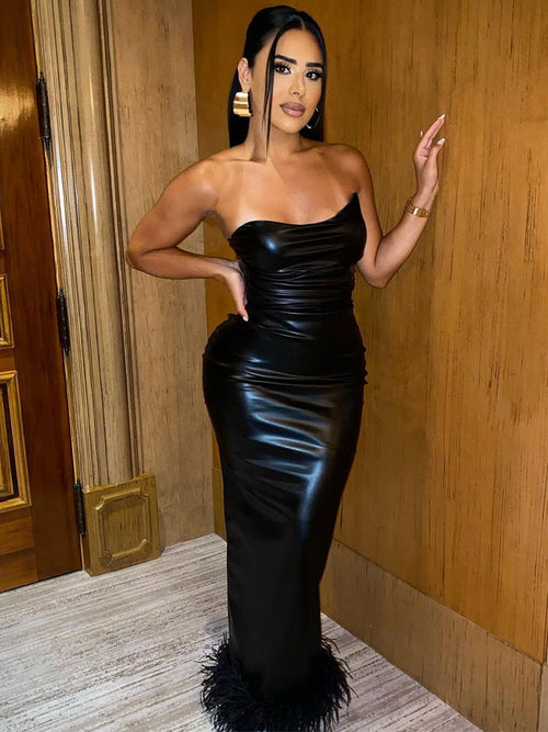 Kvinnors Lång Klänning Elegant PU-Läder-1