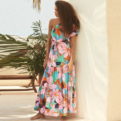 Damklänning En Axel Tryckt Design Högkvalitativt Tyg 2