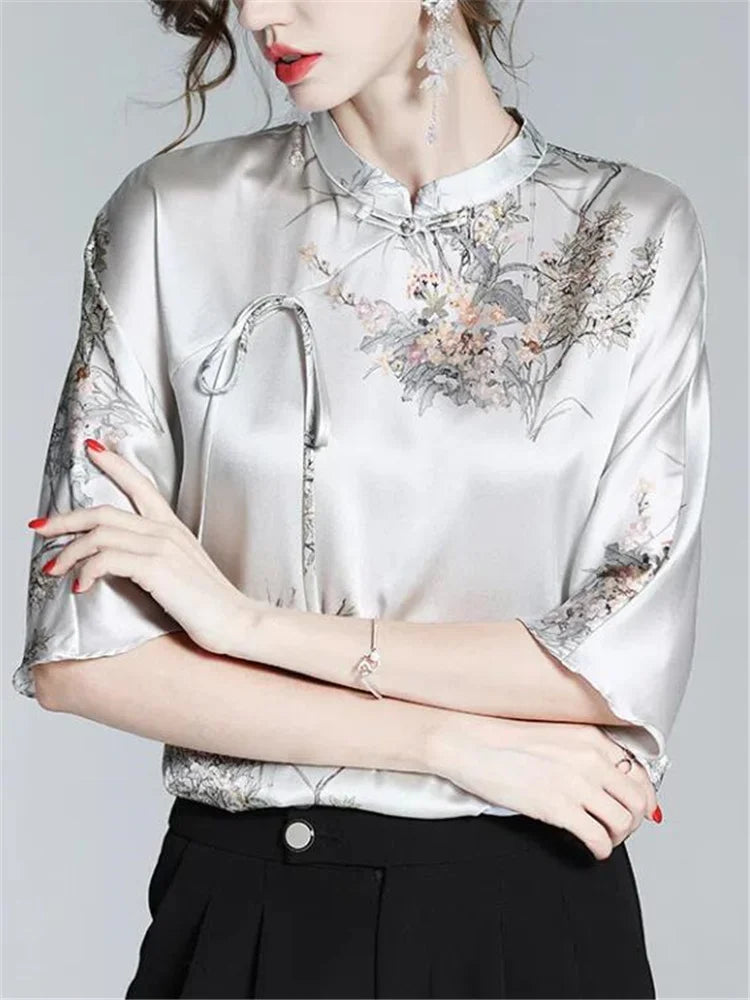 Dam Blus med Blommiga Ärmar Acetat Regelbunden Passform-4