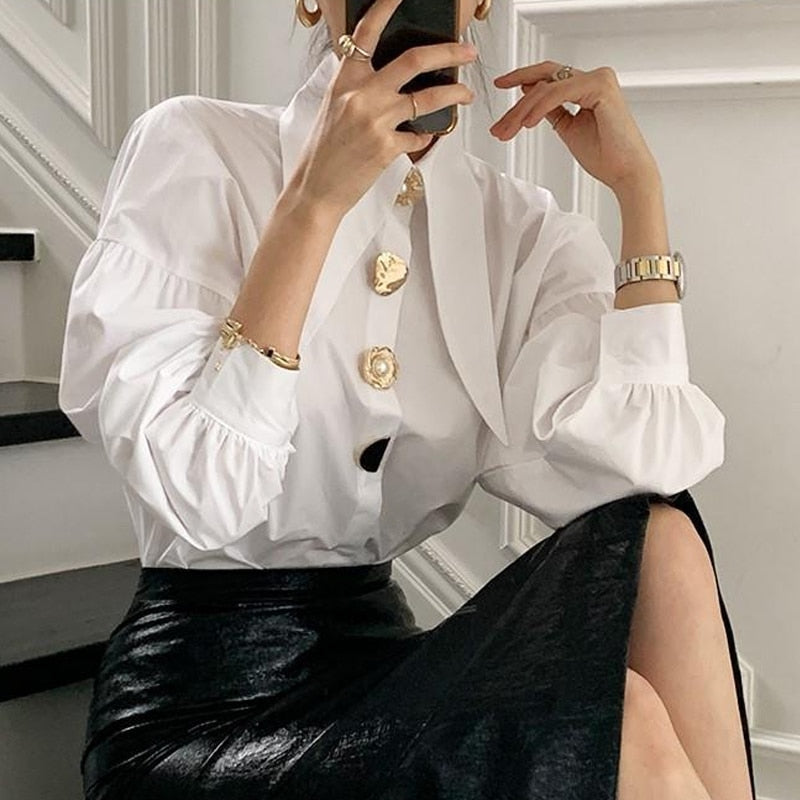 Dam Blus Knäppt Front Ballongärmar Syntetfiber 4